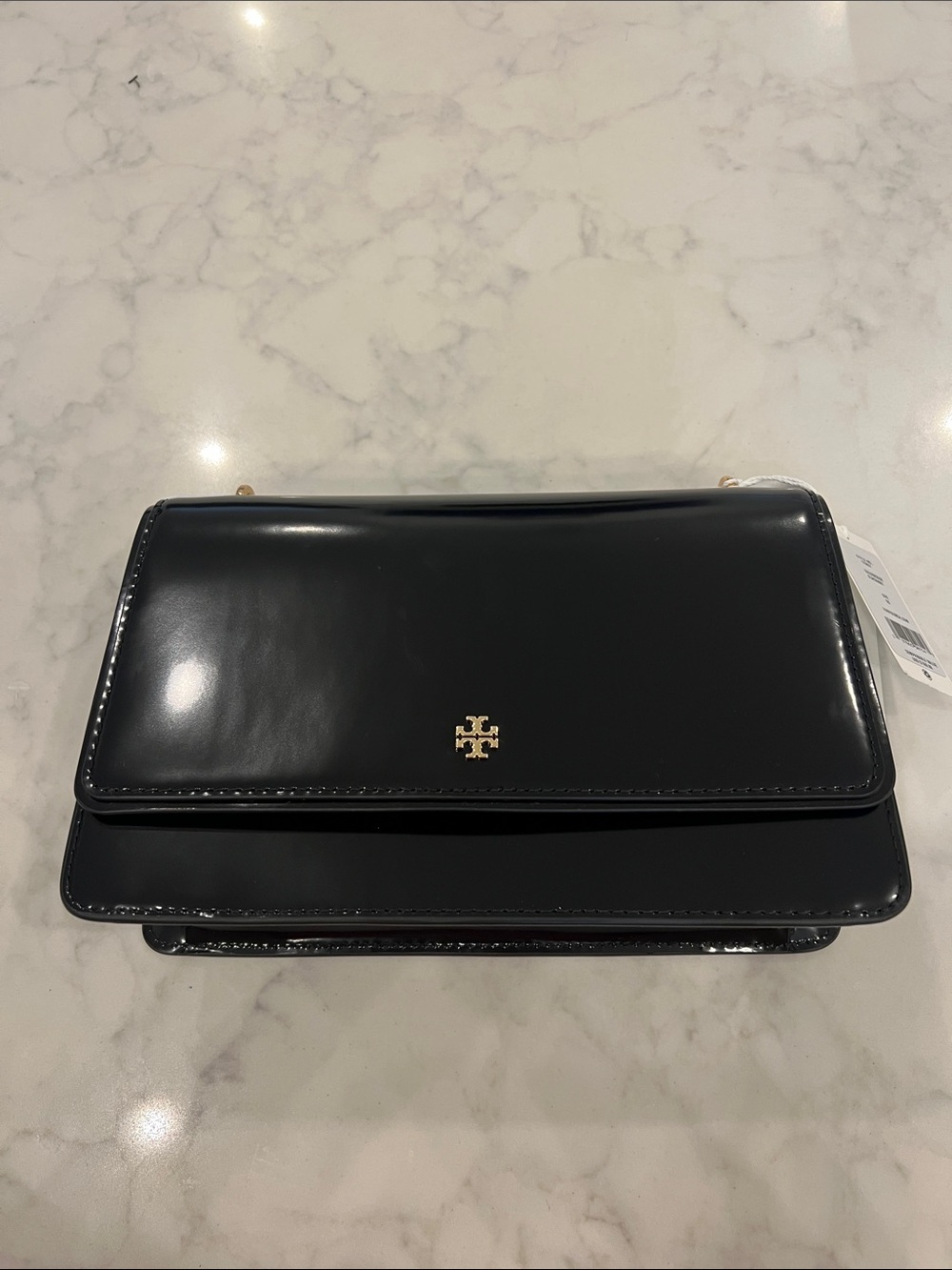 Tory Burch Black Patent Leather Flap Bag with Gold Logo
